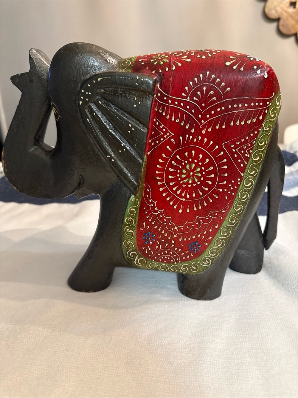 Hand-Painted Decorative Elephant Figurine with Red Saddle